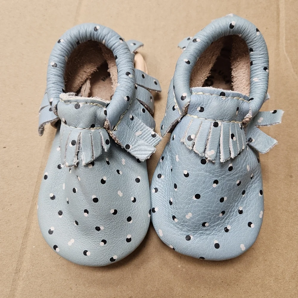 Freshly Picked 5 Baby Boy Girl Sky Blue Mocassins Leather Polka Dot Pattern Shoe